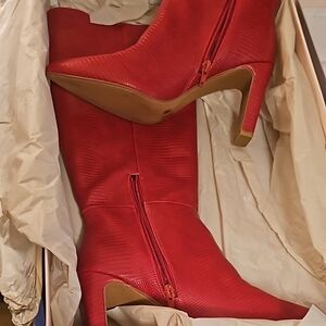 Bold Red Heeled Boots with Stiletto Heel and Zip Closure